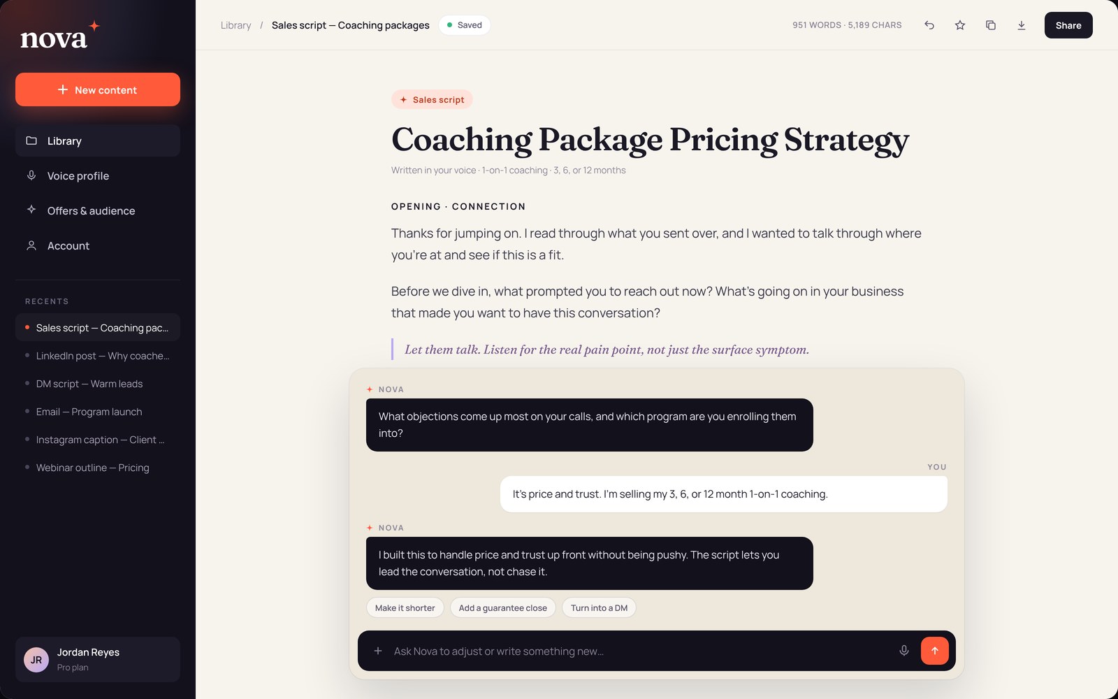 Nova editor: writing a sales script with Nova in the chat panel