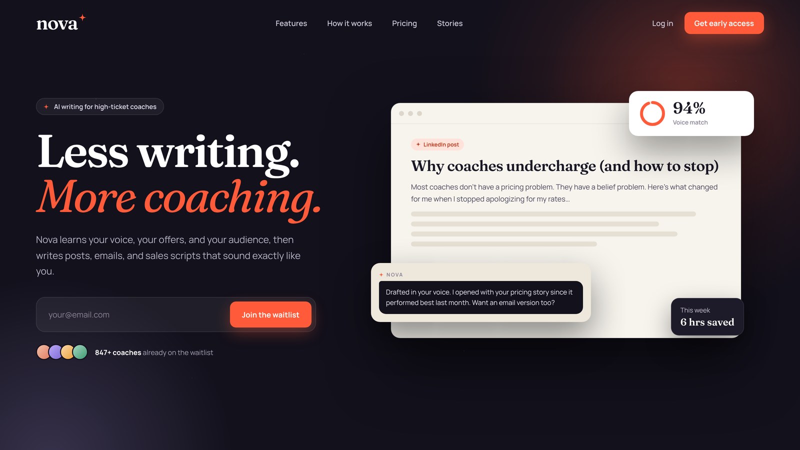 Nova landing page: Less writing, more coaching