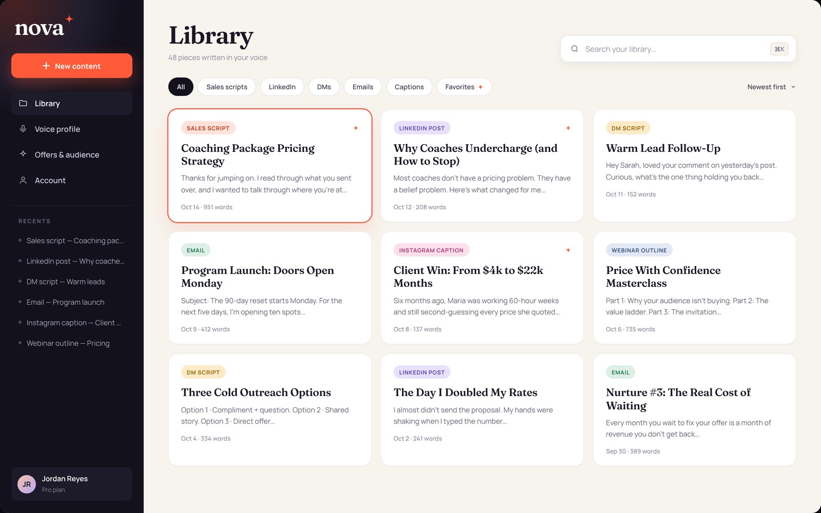 Nova content library: saved scripts, posts, and emails