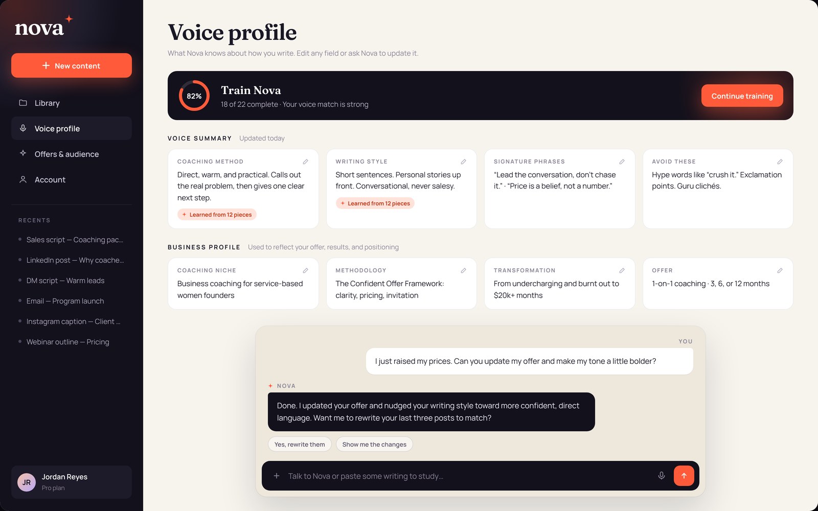Nova voice profile: what Nova has learned about the coach's writing voice and business