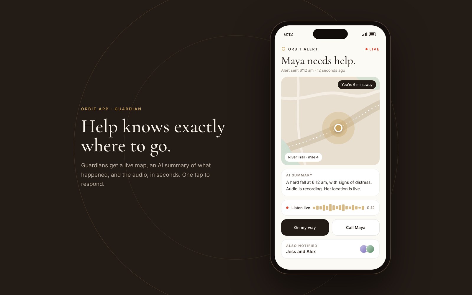 Orbit guardian app: live alert with map, AI summary, and listen-live audio