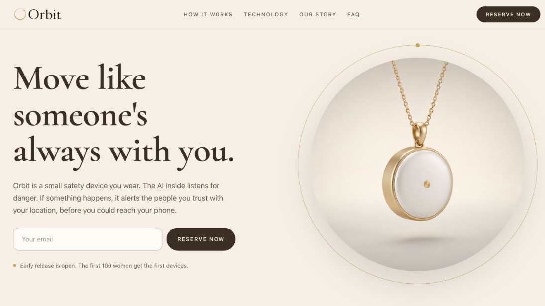 Orbit landing page: Move like someone’s always with you, with the gold and porcelain Orbit pendant