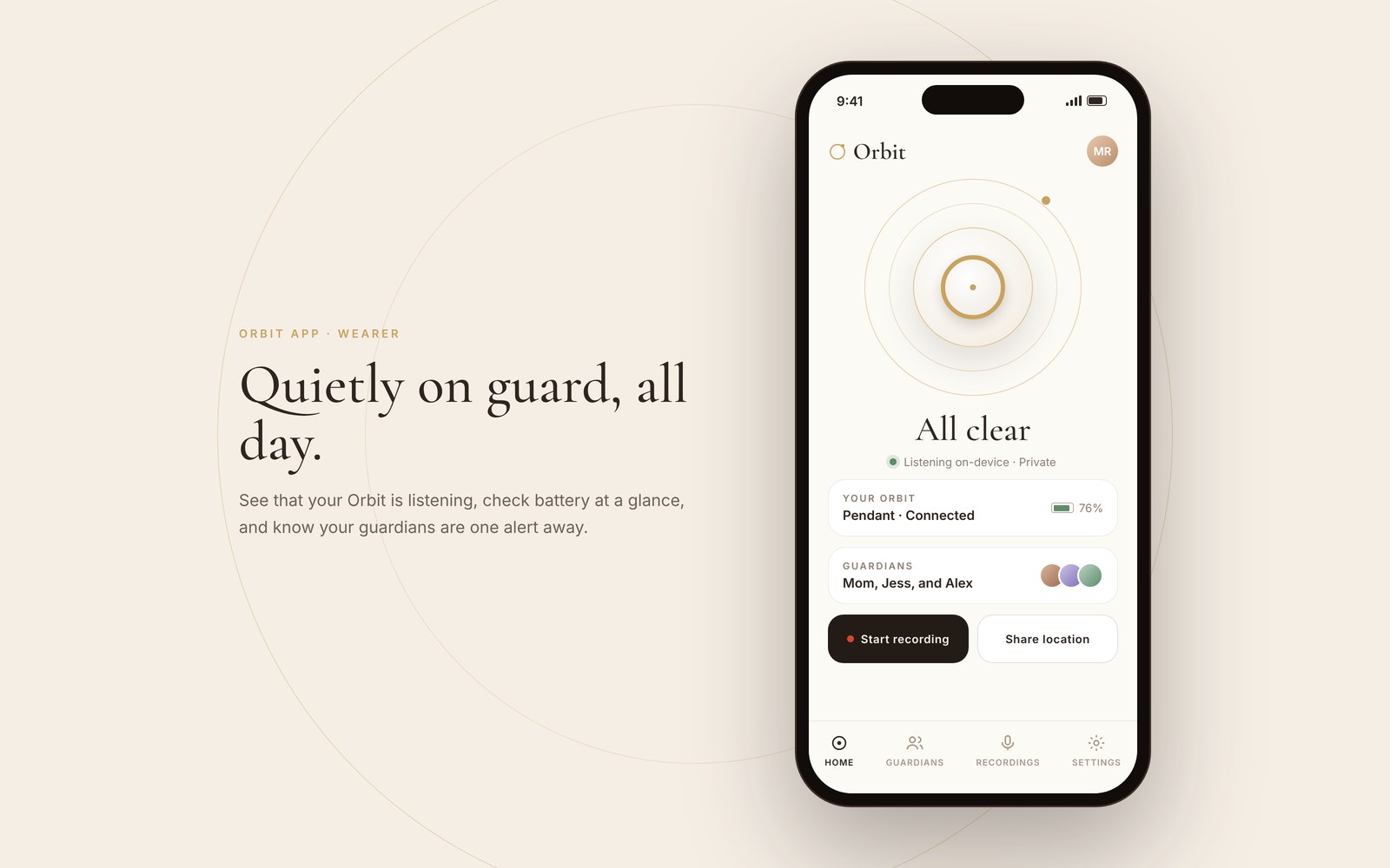 Orbit wearer app: All clear, listening on-device, with battery and guardians
